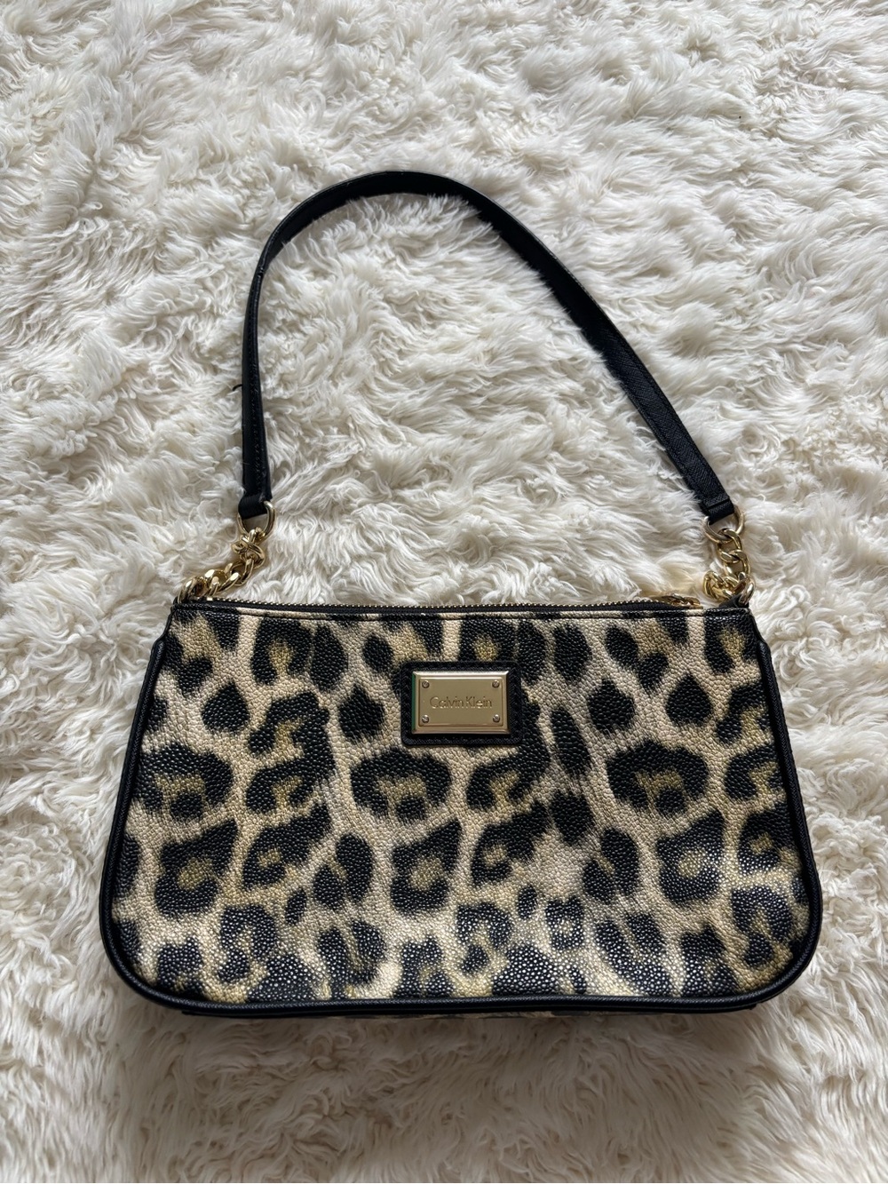 Calvin Klein Leopard Print Shoulder Bag in Black & Tan